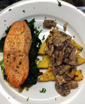 Pan Seared Salmon with Grilled Polenta and Mushroom Ragout